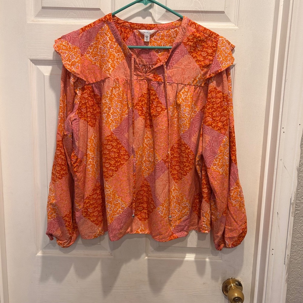 Time and Tru Woman 3XL Paisley Print Long Sleeve‎ Ruffle Top Blouse